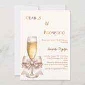 Pearls Prosecco ivory golden bow Bridal Shower 招待状 (正面)