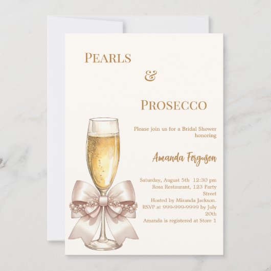Pearls Prosecco ivory golden bow Bridal Shower 招待状 (正面)
