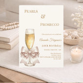 Pearls Prosecco ivory golden bow elegant birthday 招待状
