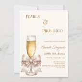 Pearls Prosecco ivory golden bow elegant birthday  招待状 (正面)
