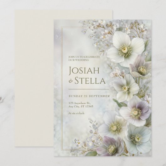 Pearly Hellebore Ethereal Botanical Frame Wedding 招待状 (正面/裏面)