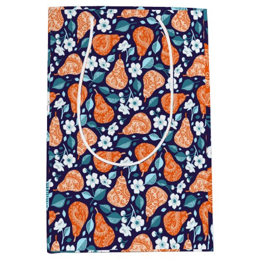 Pears and Blossoms in Orange and Blue ミディアムペーパーバッグ (正面)