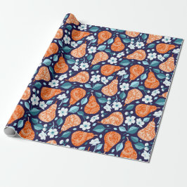 Pears and Blossoms in Orange and Blue ラッピングペーパー