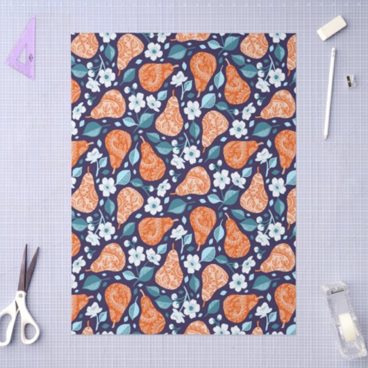 Pears and Blossoms in Orange and Blue 薄葉紙 (クラフト)