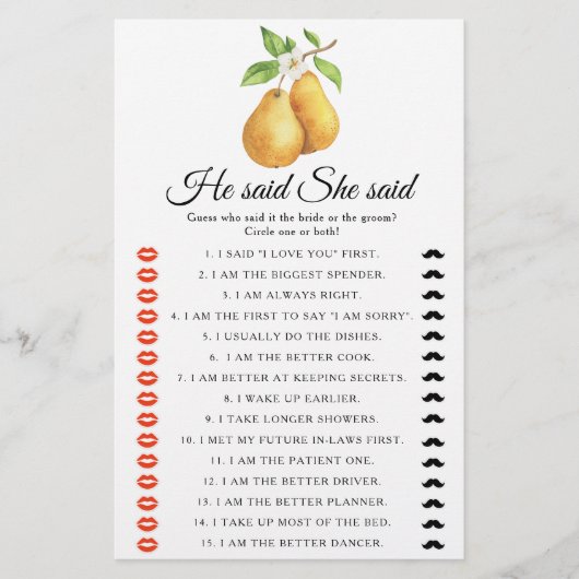 Pears Bridal shower He said she said game (正面)