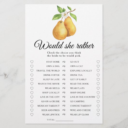 Pears Bridal shower Would she rather game (正面)