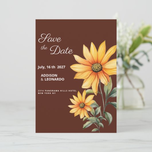 Peaty brown orange mint sunflower Save the Date 招待状 (スタンド正面)