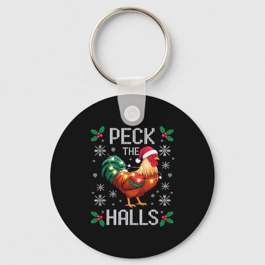 Peck The Halls Chicken Christmas Lights Snowflakes キーホルダー (正面)