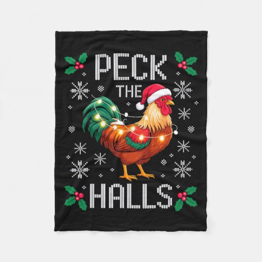 Peck The Halls Chicken Christmas Lights Snowflakes フリースブランケット (正面)