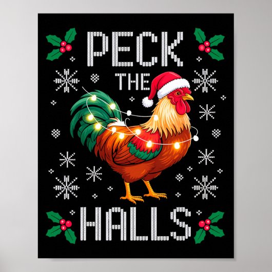 Peck The Halls Chicken Christmas Lights Snowflakes ポスター (正面)