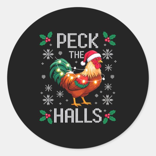 Peck The Halls Chicken Christmas Lights Snowflakes ラウンドシール (正面)