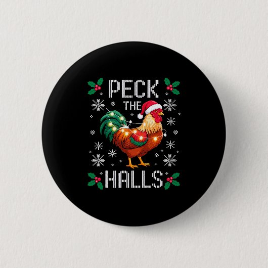 Peck The Halls Chicken Christmas Lights Snowflakes 缶バッジ (正面)