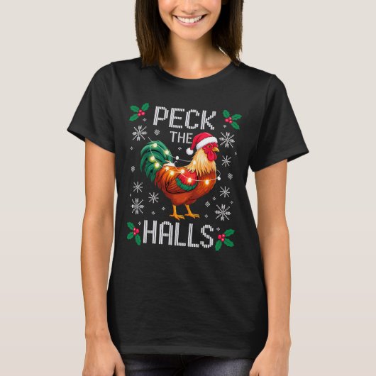 Peck The Halls Chicken Christmas Lights Snowflakes Tシャツ (正面)