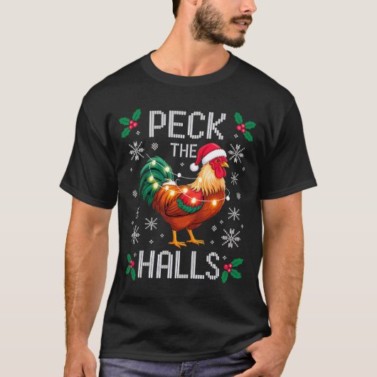 Peck The Halls Chicken Christmas Lights Snowflakes Tシャツ (正面)