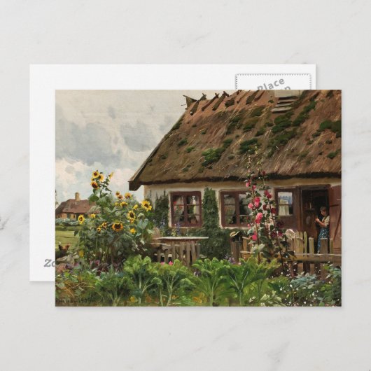 Peder Monsted – 戸口の女の子の編み物 ポストカード (正面/裏面)