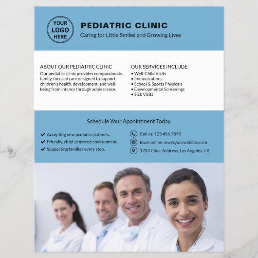 Pediatric Clinic Doctor Logo Photo QR Blue チラシ (正面)