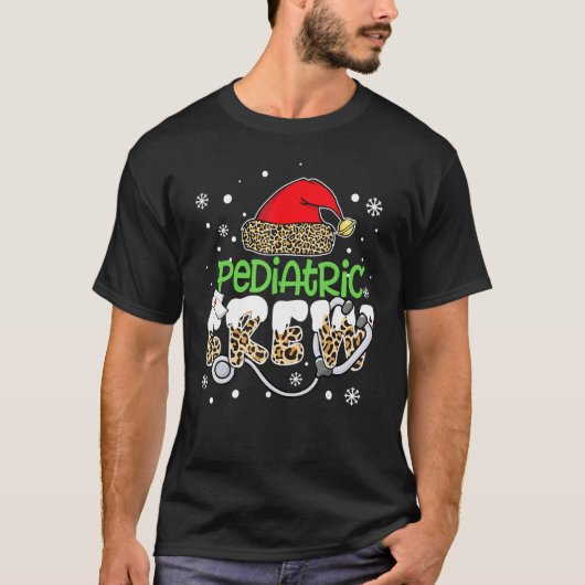 Pediatric Crew Leopard Santa Hat Stethoscope Nurse Tシャツ (正面)