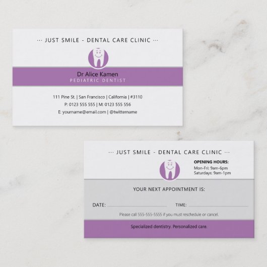 Pediatric Dentist | Dental Practice Lavender 名刺 (正面/裏面)