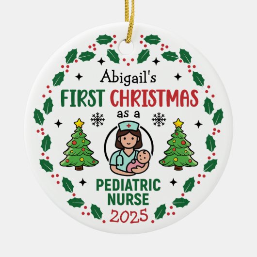 Pediatric Nurse First Christmas Tree Personalized  セラミックオーナメント (正面)