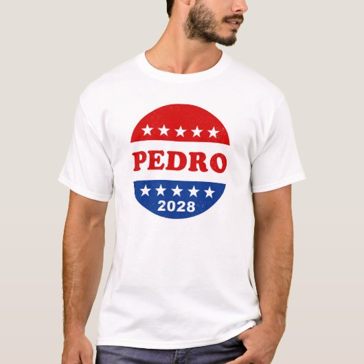 Pedro 2028のレトロキャンペーンボタンに投票おもしろい tシャツ (正面)
