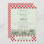 Peek-a-booバッタ1stバースデーピクニックパーティー 招待状 (正面/裏面)