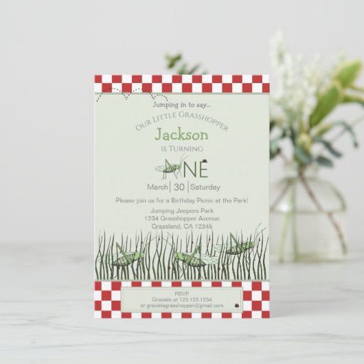 Peek-a-booバッタ1stバースデーピクニックパーティー 招待状 (スタンド正面)