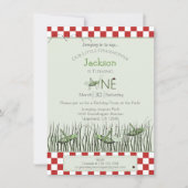 Peek-a-booバッタ1stバースデーピクニックパーティー 招待状 (正面)