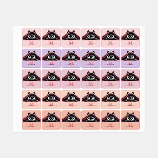 Peek-a-Boo Kitten Script Name Monogram Girls' ラベル (シート)