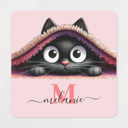 Peek-a-Boo Kitten Script Name Monogram Girls' ラベル (デザイン1)