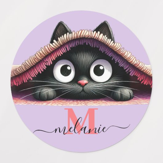 Peek-a-Boo Kitten Script Name Monogram Girls'  ラベル (デザイン2)