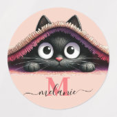 Peek-a-Boo Kitten Script Name Monogram Girls'  ラベル (デザイン2)