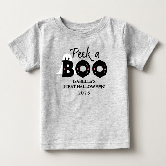 Peek A Boo Personalized Baby's 1st Halloween ベビーTシャツ (正面)