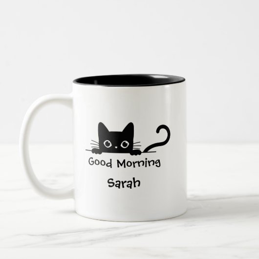 Peeking Black Cat Mug – Custom Text Coffee Cup ツートーンマグカップ (左)