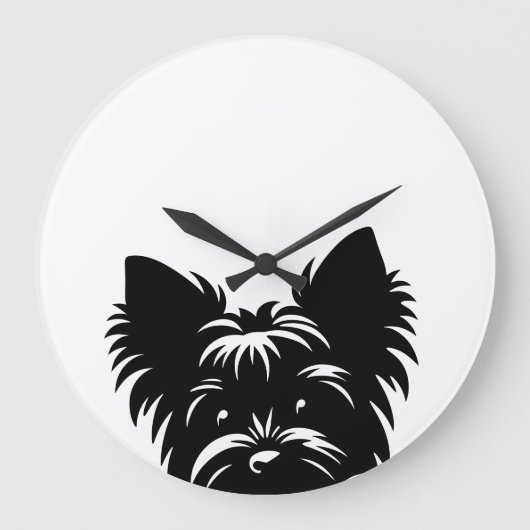 Peeking Yorkie Black and White Wall Clock ラージ壁時計 (正面)