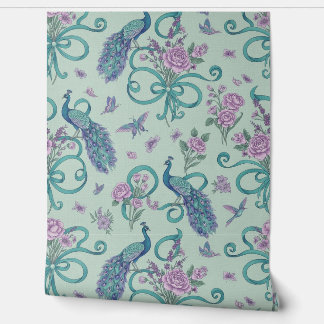 Peel and Stick Wallpaper – Elegant Peacock Ribbons 壁紙