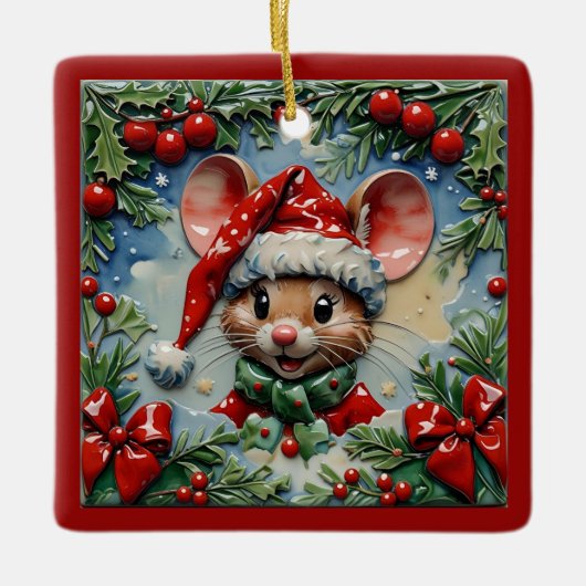 Peeping Christmas Mouse Customizable セラミックオーナメント (正面)