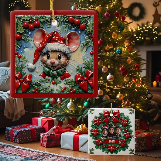 Peeping Christmas Mouse Customizable セラミックオーナメント