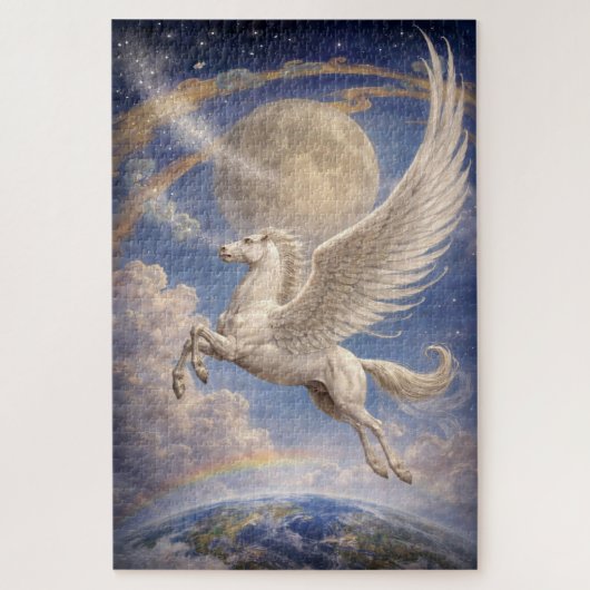 Pegasus Flying Between Earth And Moon Fantasy Art ジグソーパズル (縦)