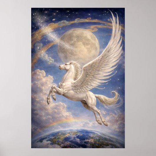 Pegasus Flying Between Earth And Moon Fantasy Art ポスター (正面)