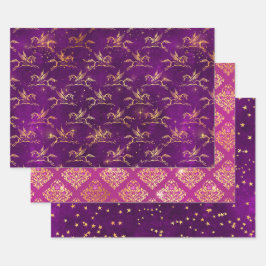 Pegasus & Gold Floral Pattern in Purple & Pink ラッピングペーパーシート