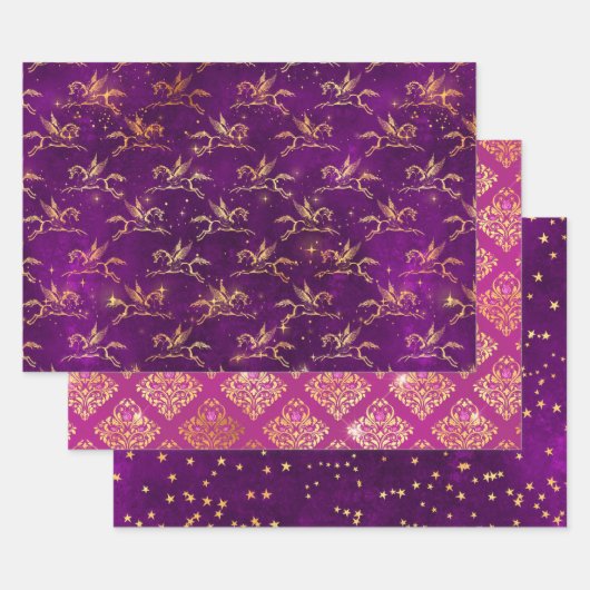 Pegasus & Gold Floral Pattern in Purple & Pink ラッピングペーパーシート (セット)