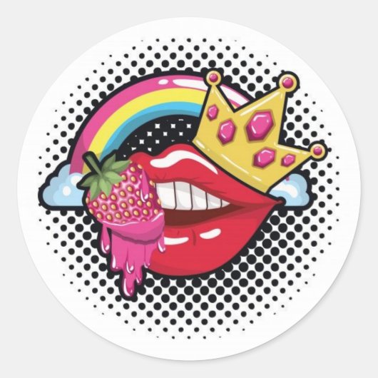 pegatina,boca roja con frutilla, corona y arcoiris ラウンドシール (正面)
