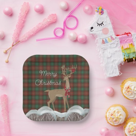 PEI地方タータンチェックとクリスマスディアー ペーパープレート (パーティー)