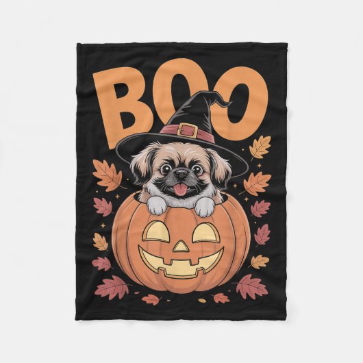 Peke Costume On Pumpkin Halloween Pekingese フリースブランケット (正面)