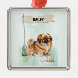 Pekinese Watercolor Personalized Dog メタルオーナメント