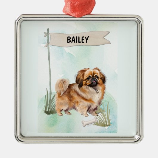 Pekinese Watercolor Personalized Dog メタルオーナメント (正面)