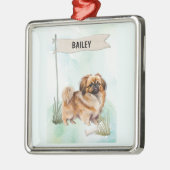Pekinese Watercolor Personalized Dog メタルオーナメント (左)
