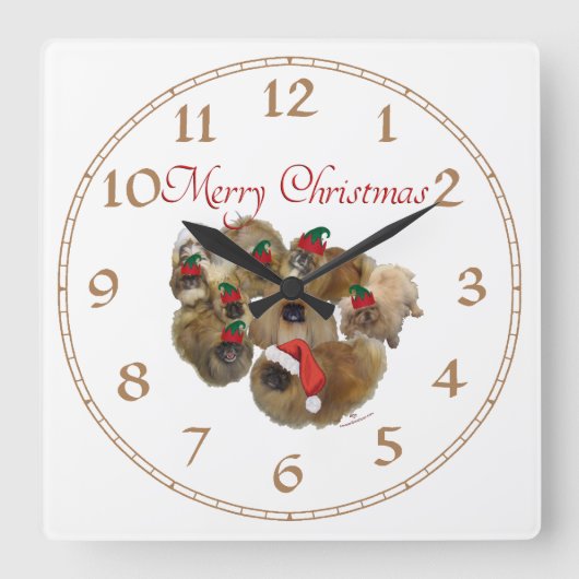 Pekingeseのグループのクリスマス スクエア壁時計 (正面)