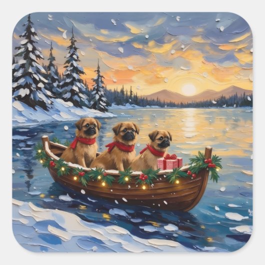Pekingese Christmas Boat Holiday スクエアシール (正面)