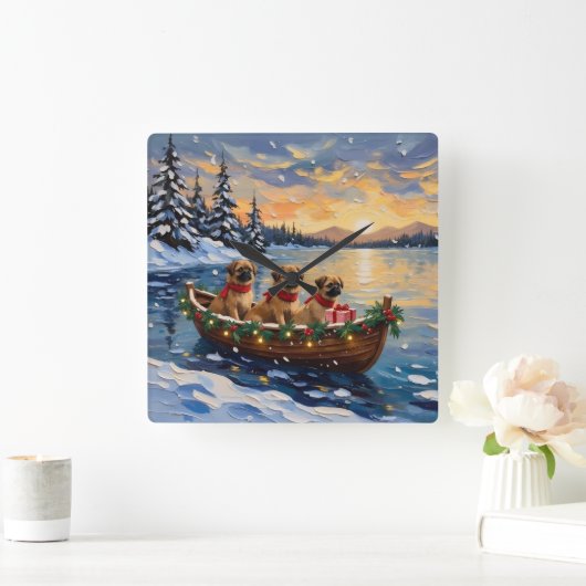 Pekingese Christmas Boat Holiday スクエア壁時計 (ホーム)